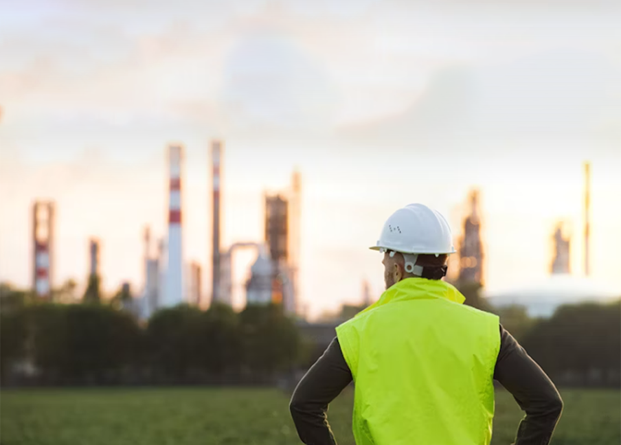 Engenheiro com capacete olhando para o horizonte ao pôr do sol